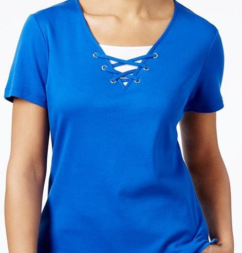 Karen Scott Women's Lace Up Layered Look Top Blue Size S