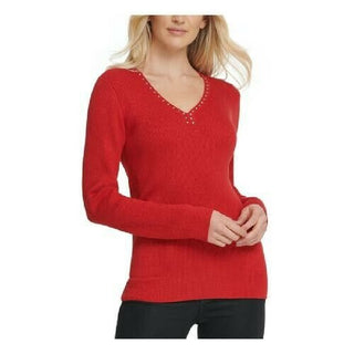 DKNY Women's Metallic-Threaded Embellished Sweater Red Size Small