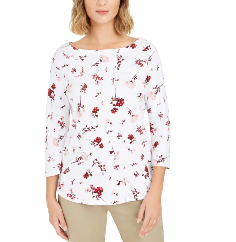 Charter Club Women's Petite Printed Pima Cotton Top White Size Pettite Small