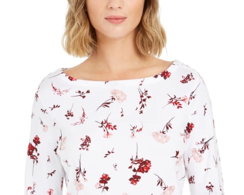 Charter Club Women's Petite Printed Pima Cotton Top White Size Pettite Small