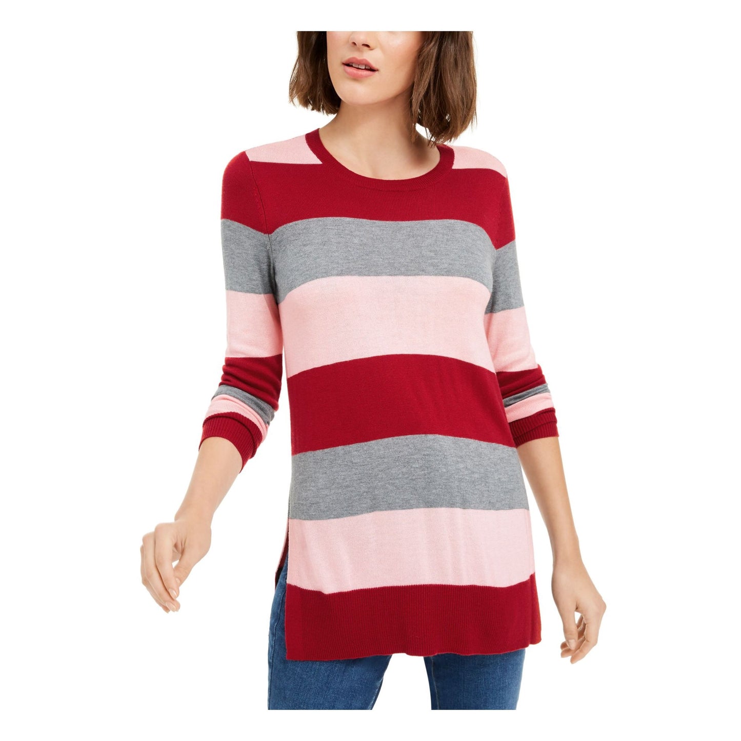 Maison Jules Women's Color Block Long Sleeve Jewel Neck Sweater Size Red Size S