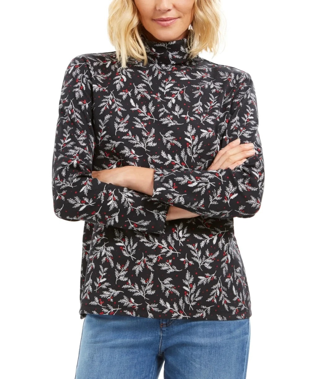 Karen Scott Women's Printed Turtleneck Top Black Size Small