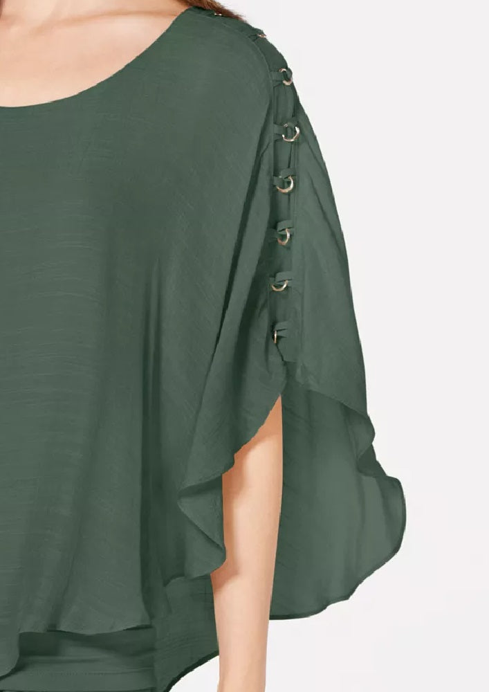 JM Collection Women's Gauze Cape Gauze Top Green Size Small