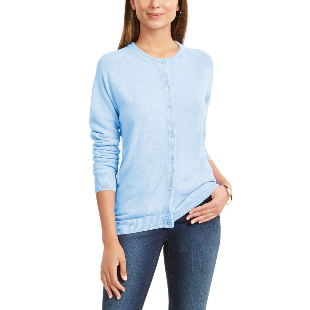 Karen Scott Women's Bead-Button Cardigan Blue  Size Medium