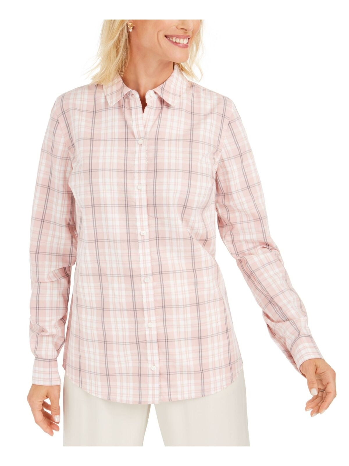 Charter Club Women's Button Windowpane Plaid Cuffed Collared Top Pink Size Medium