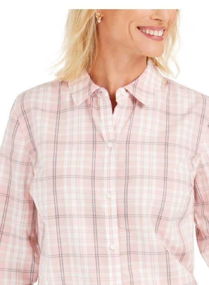 Charter Club Women's Button Windowpane Plaid Cuffed Collared Top Pink Size Medium