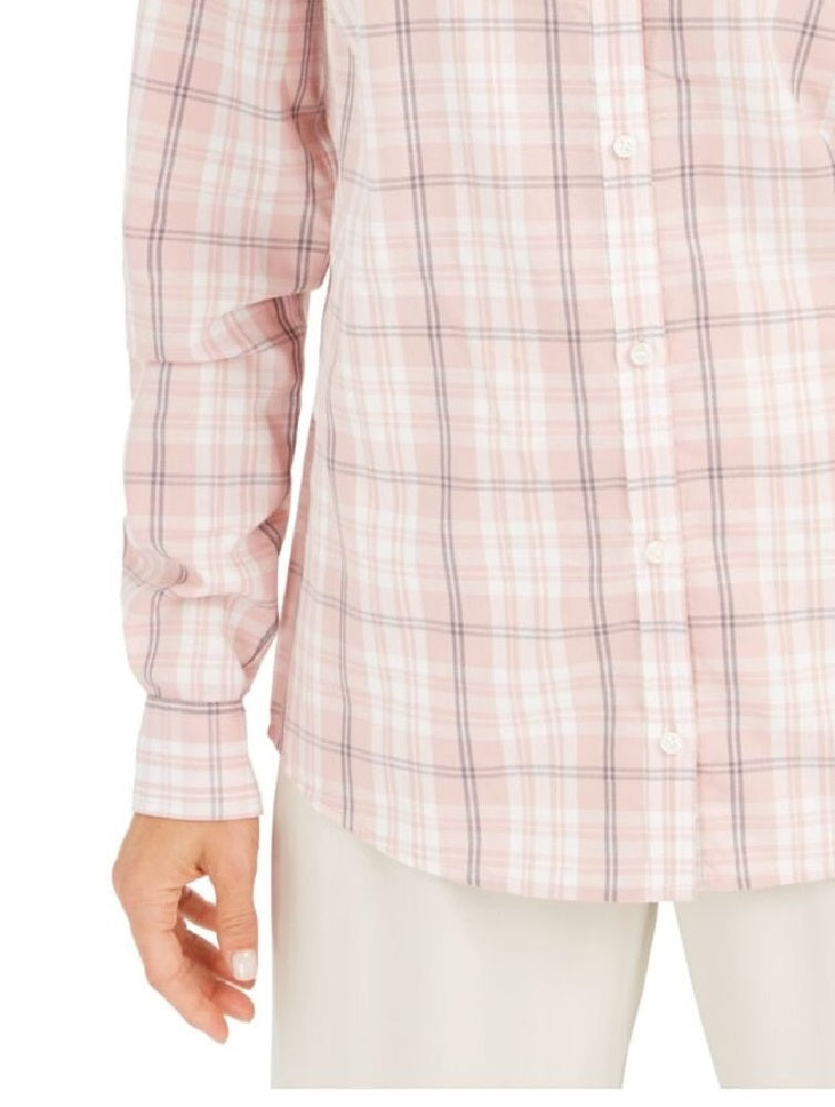 Charter Club Women's Button Windowpane Plaid Cuffed Collared Top Pink Size Medium