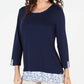 Karen Scott Women's Petite Printed-Trim Top Blue Size Pettite X-Large