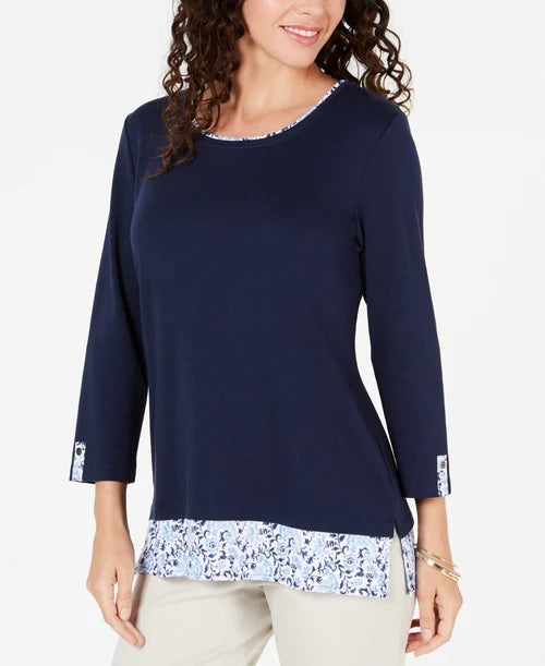 Karen Scott Women's Petite Printed-Trim Top Blue Size Pettite X-Large