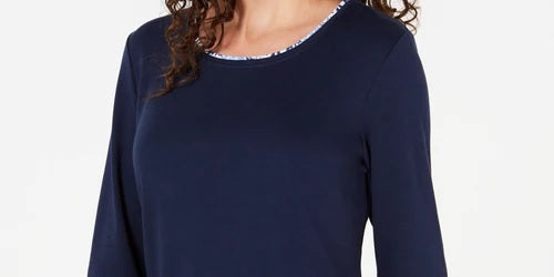 Karen Scott Women's Petite Printed-Trim Top Blue Size Pettite X-Large