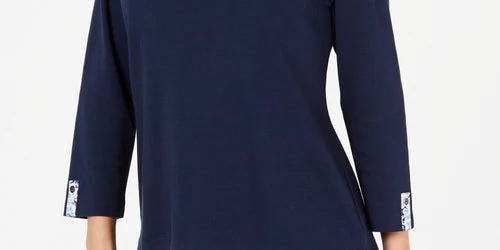 Karen Scott Women's Petite Printed-Trim Top Blue Size Pettite X-Large