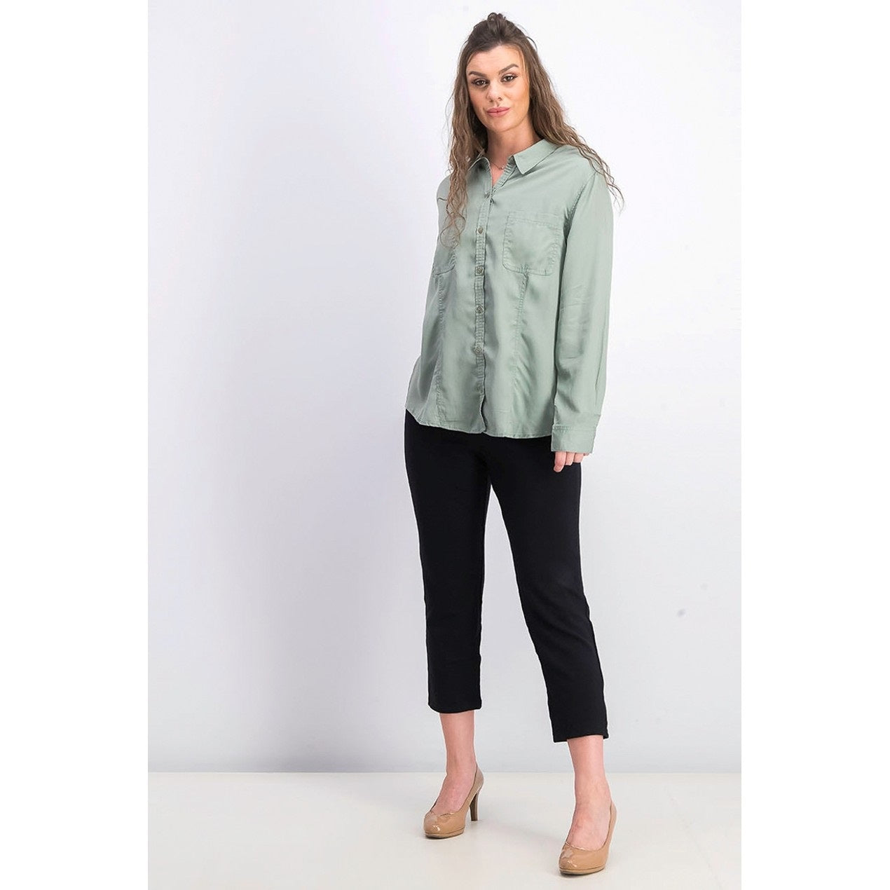 Charter Club Women's Woven Solid Tencel Shirt Green Size Large