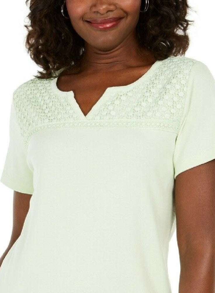 Karen Scott Women's Crochet-Trim 3/4 Sleeve Split-Neck Top Green Size Small