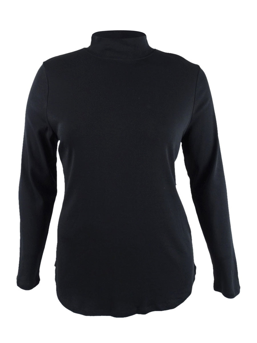 Charter Club Women's Cotton Mock-Neck Top Black  Size X-Large