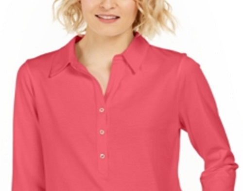 Charter Club Women's Supima Cotton 3/4 Sleeve Polo Shirt Red Size Large