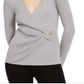 INC International Concepts Women's Petite Metallic-Knit Faux-Wrap Sweater Gray Size Petite L