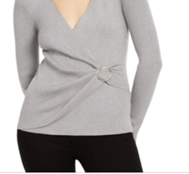 INC International Concepts Women's Petite Metallic-Knit Faux-Wrap Sweater Gray Size Petite L