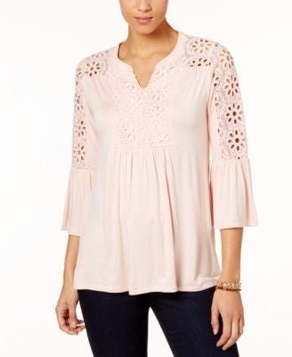 Style & Co Women's Petite Crochet-Trim Bell-Sleeve Top Pink Size Pettite Small
