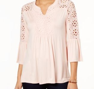 Style & Co Women's Petite Crochet-Trim Bell-Sleeve Top Pink Size Pettite Small