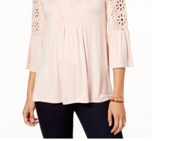 Style & Co Women's Petite Crochet-Trim Bell-Sleeve Top Pink Size Pettite Small