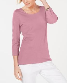 Karen Scott Women's Petite Lace Square-Neck 3/4-Sleeve Top Pink Size Pettite X-Large