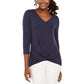 JM Colletion Women'sEmbellished Twist-Front Top Navy Size Small