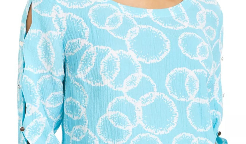 JM Collection Women's Amalfi Printed Split-Sleeve Top White/Navy Size Small