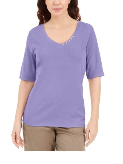 Karen Scott Women's Button-Detail V-Neck Top Purple Size Small