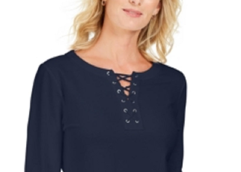 Karen Scott Women's Lace-Up French Terry Sweatshirt Navy Size Small
