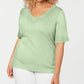 Karen Scott Women's Cotton Open-Trim V-Neck T-Shirt Green Size Medium