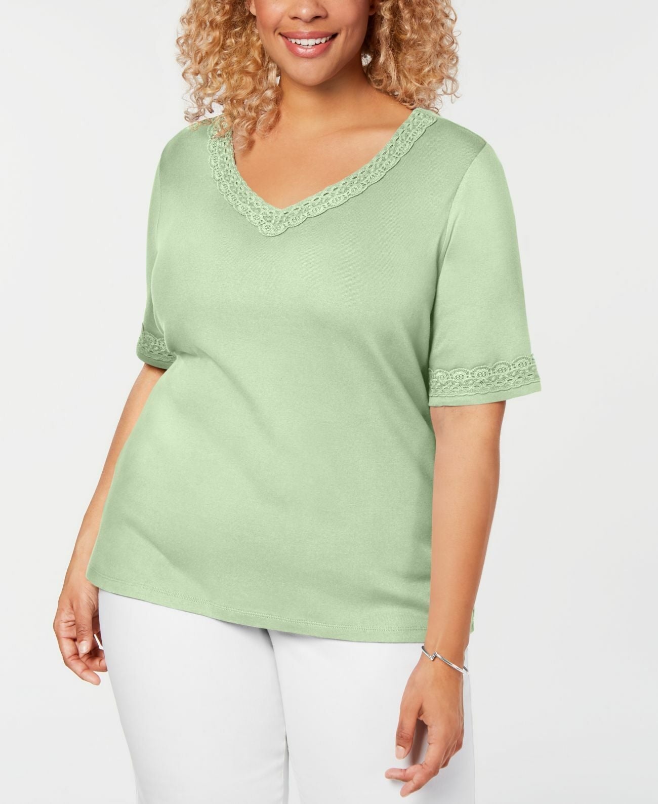 Karen Scott Women's Cotton Open-Trim V-Neck T-Shirt Green Size Medium