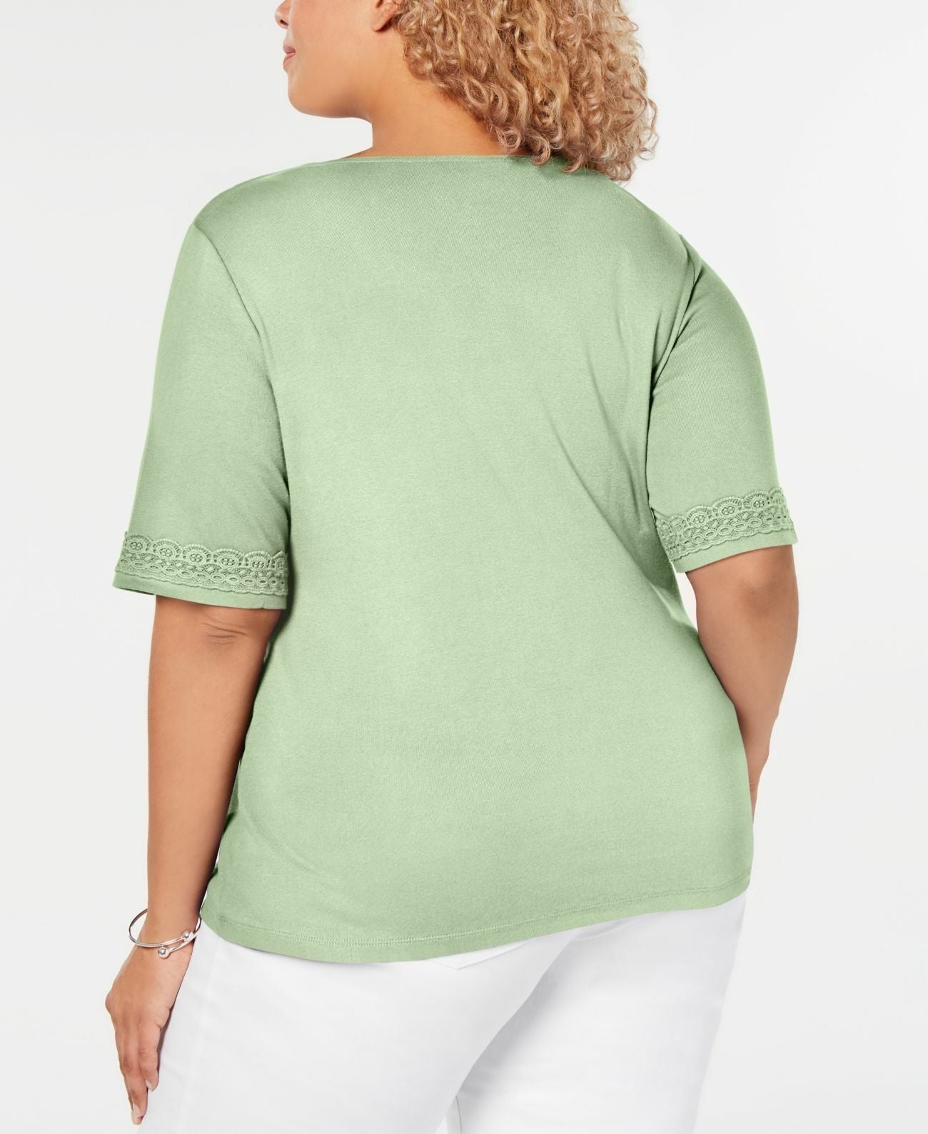 Karen Scott Women's Cotton Open-Trim V-Neck T-Shirt Green Size Medium