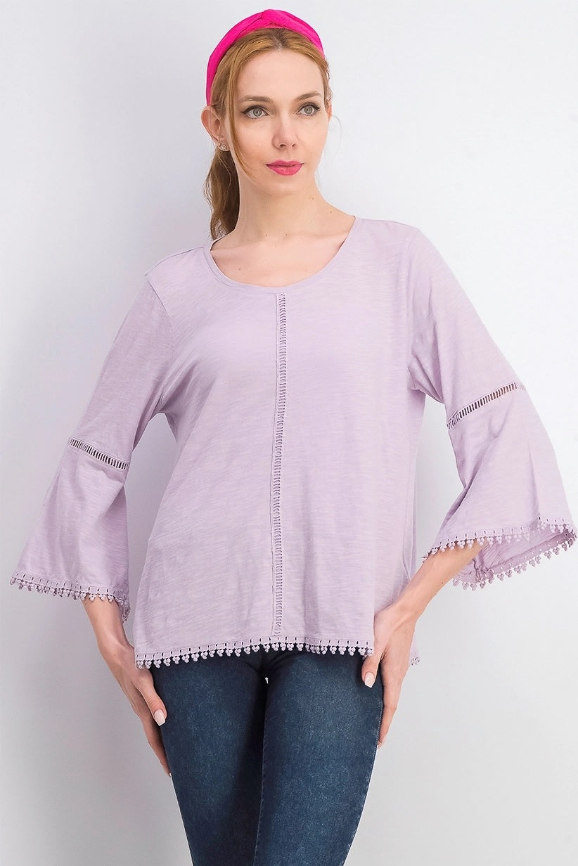 Style & Co Women's Crochet-Trim Bell-Sleeve Top Painted Lilac Size Small