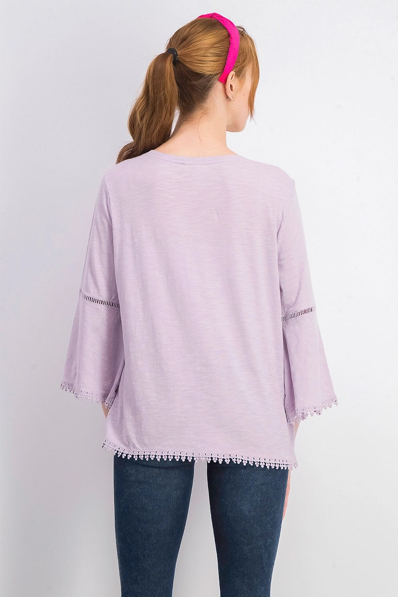 Style & Co Women's Crochet-Trim Bell-Sleeve Top Painted Lilac Size Small