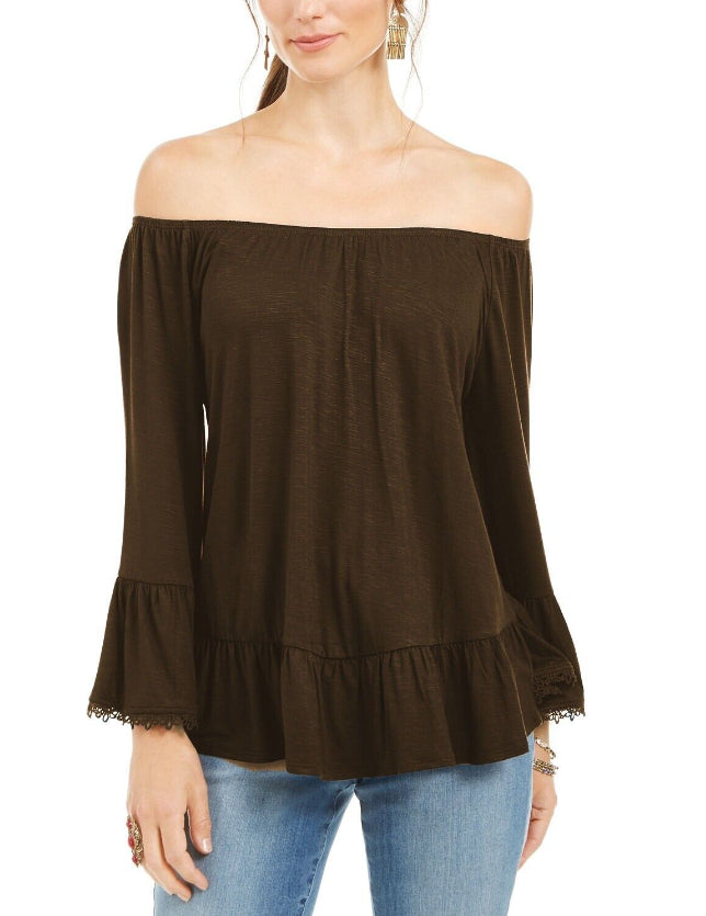 Style & Co Women's Off-The-Shoulder Bell-Sleeve Top Brown Size X-Small