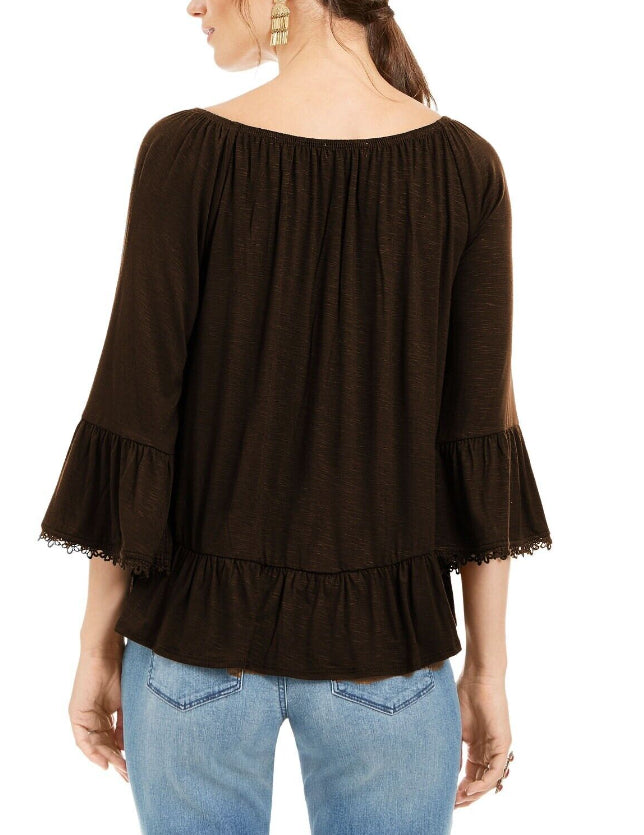 Style & Co Women's Off-The-Shoulder Bell-Sleeve Top Brown Size X-Small