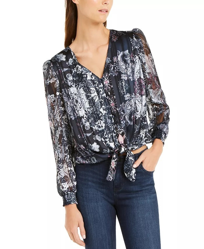 INC International Concepts Women's Petite Printed Tie-Hem Blouse Blue Size Petite
