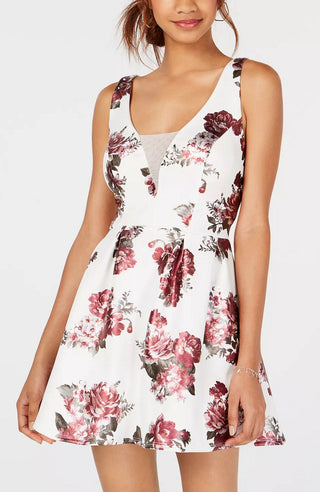 Crystal Dolls Women's Floral Sleeveless V Neck Short Fit + Flare Dress White Size 1