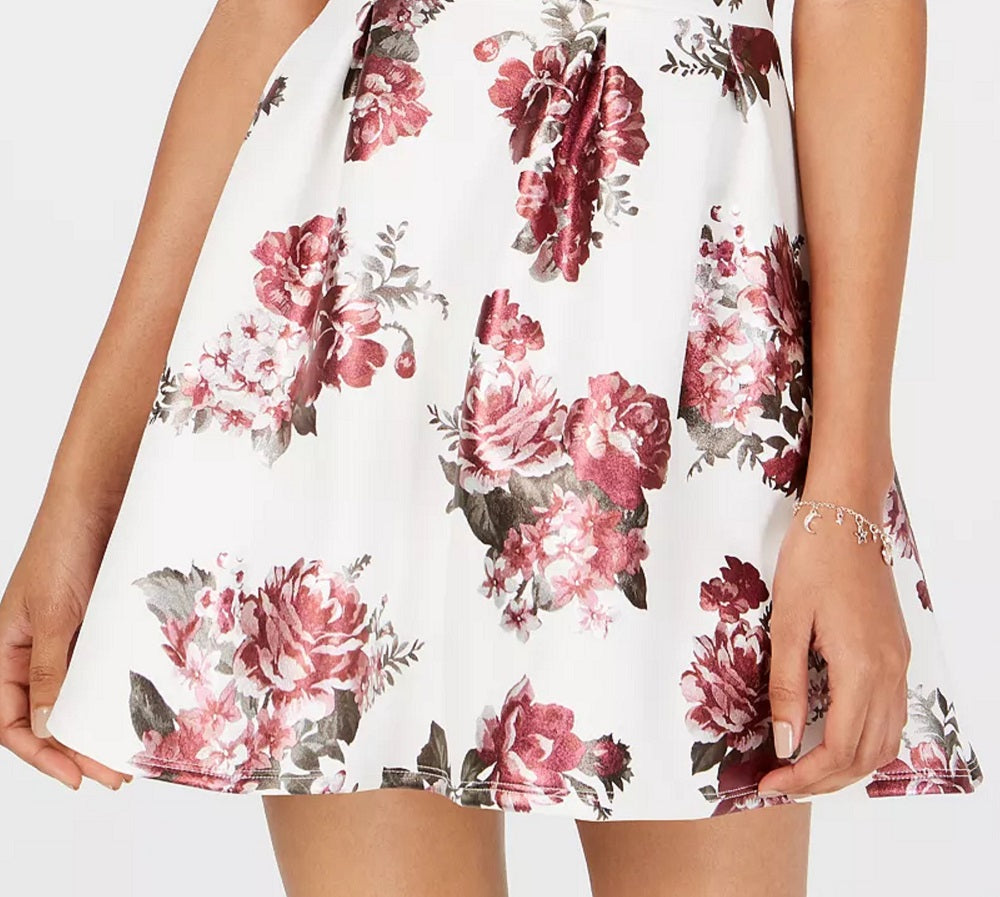 Crystal Dolls Women's Floral Sleeveless V Neck Short Fit + Flare Dress White Size 1