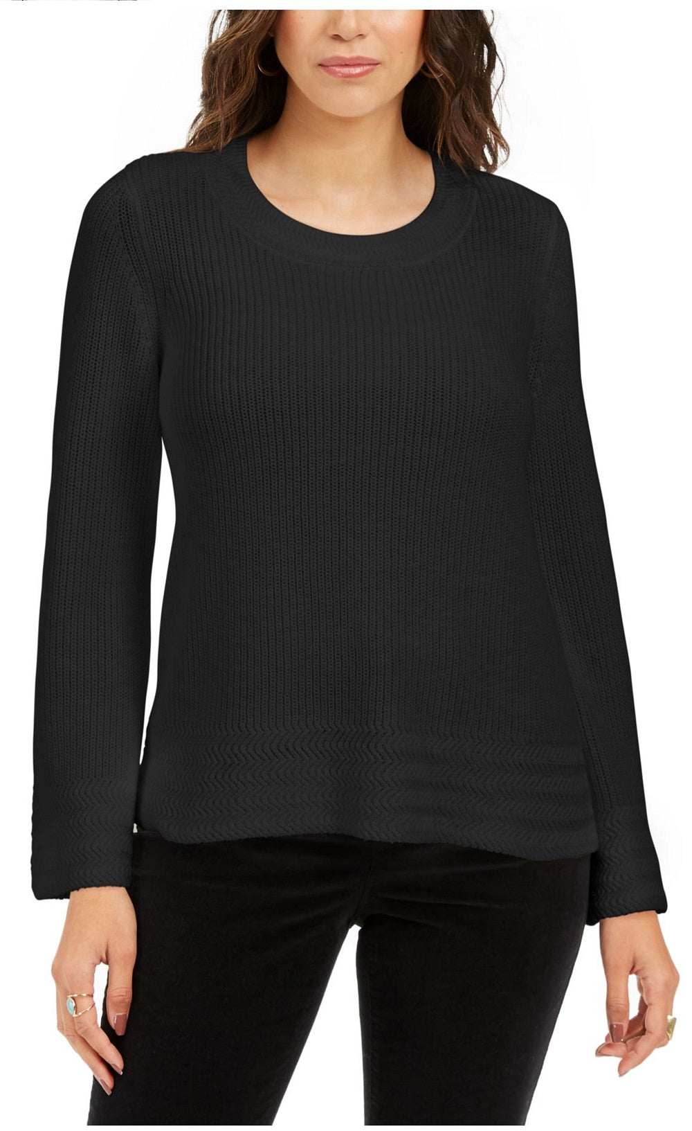 Style & Co Women's Textured Knitted Printed Long Sleeve Scoop Neck T Shirt Sweater Black Size Petite Small