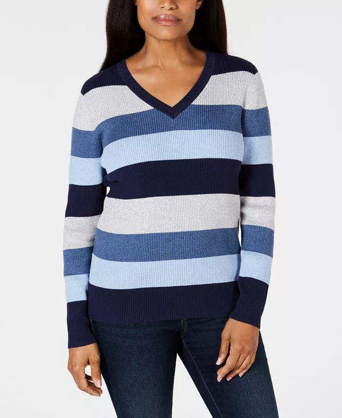 Karen Scott Women's Colorblocked V-Neck Cotton Sweater Blue Size X-Small