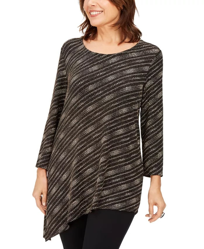 JM Collection Women's Petite Metallic Asymmetrical Top Black Size Petite