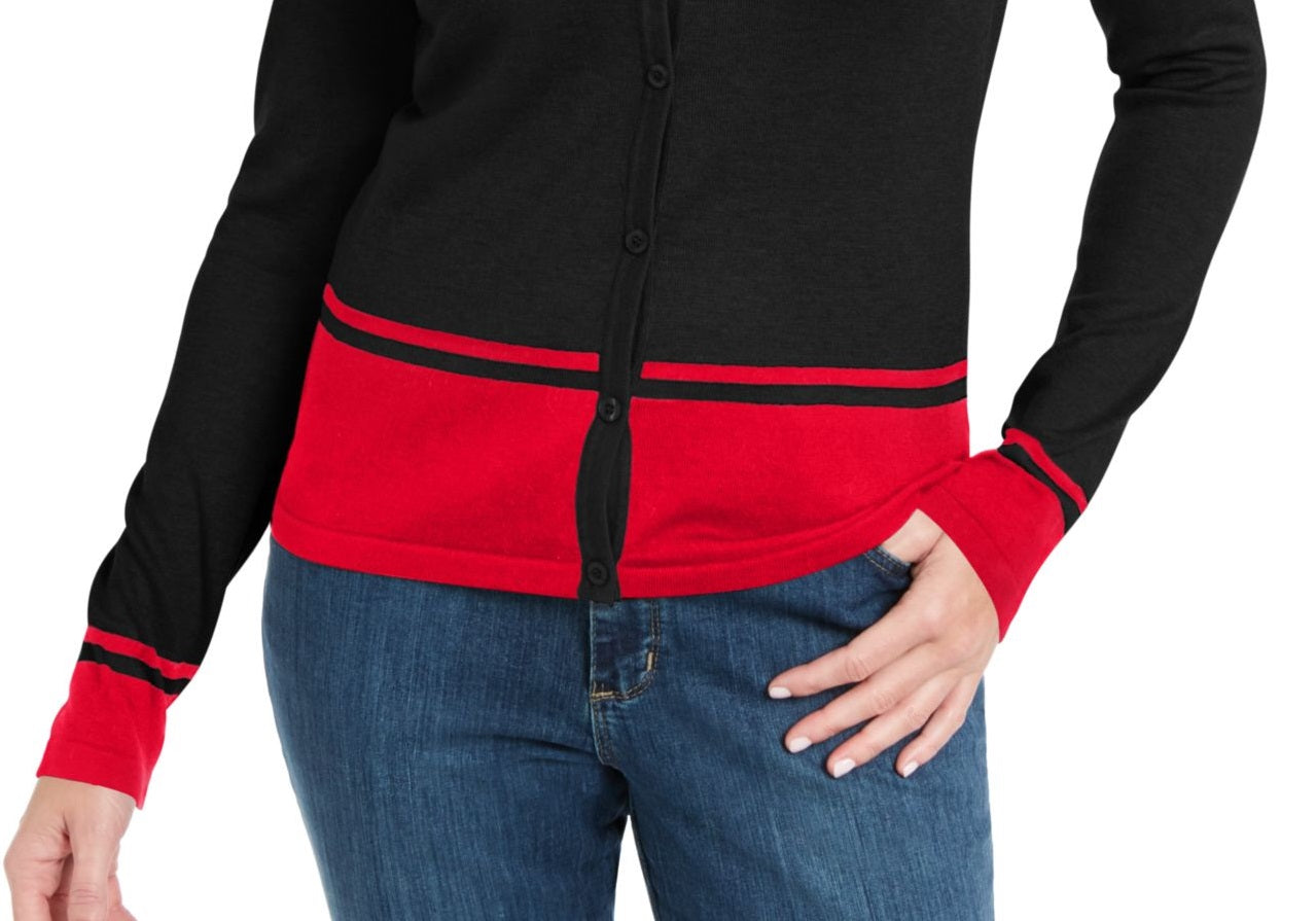 Karen Scott Women's Button Color Block Long Sleeve Open Cardigan Sweater Black Size Petite Small