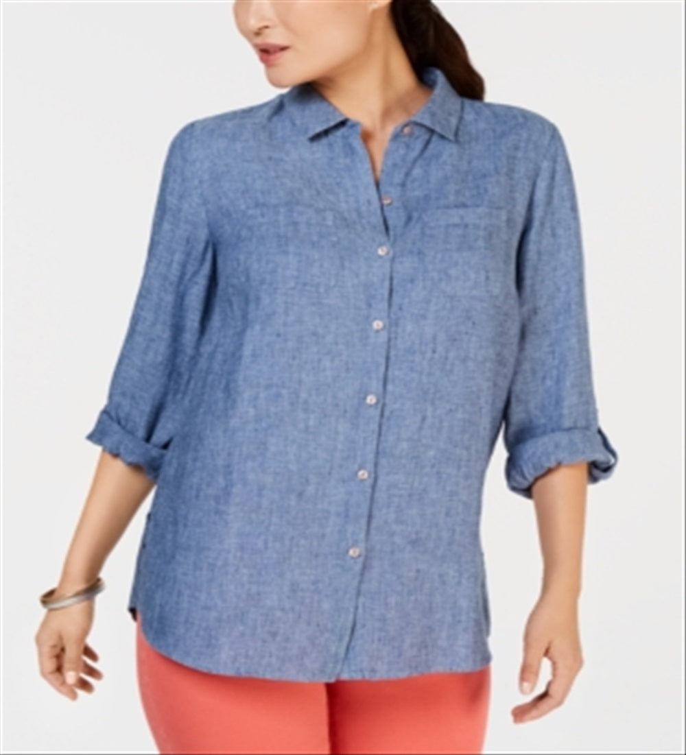 Charter Club Women's Linen Shirt Blue Size X-Large