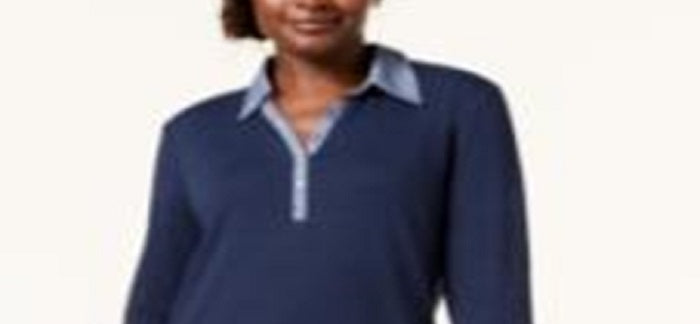 Karen Scott Women's Contrast Trim Cotton Shirtdress Blue Size Petite Small