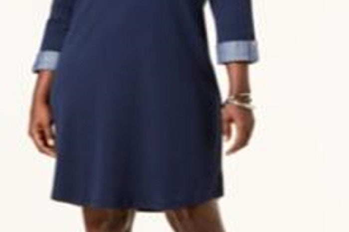 Karen Scott Women's Contrast Trim Cotton Shirtdress Blue Size Petite Small