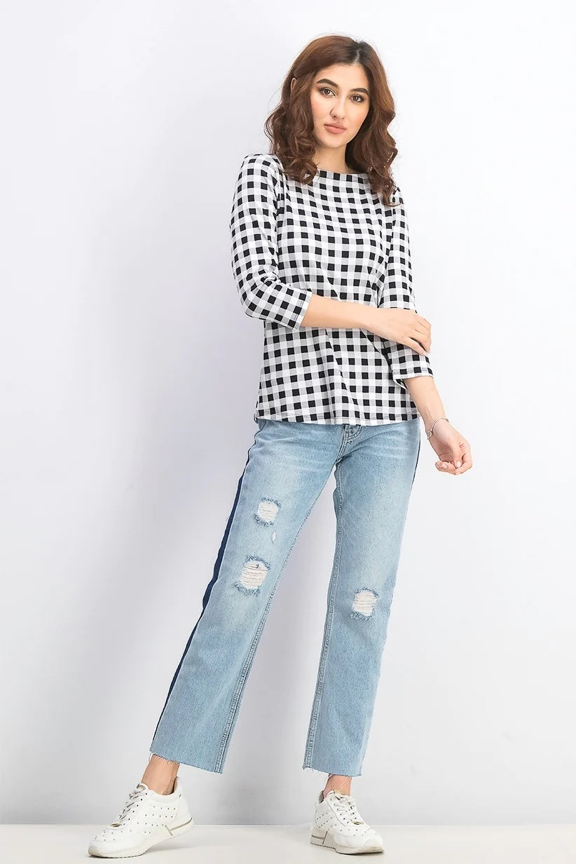 Charter Club Women's Cotton Gingham Print Boat Neck Top Gray Size Large