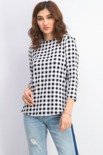 Charter Club Women's Cotton Gingham Print Boat Neck Top Gray Size Large