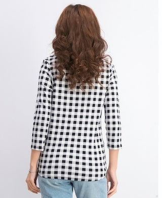 Charter Club Women's Cotton Gingham Print Boat Neck Top Gray Size Large