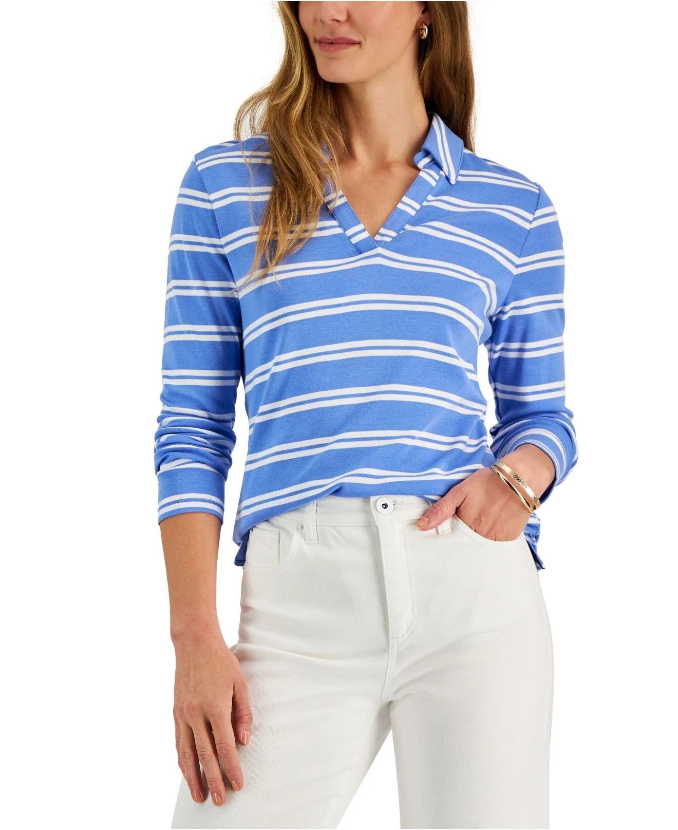 Charter Club Women's Striped Polo Top  Blue Size Small